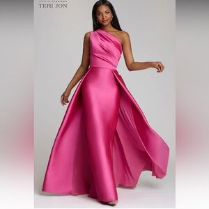 Teri Jon One Shoulder Stretch Gazar Gown in Hot Pink.